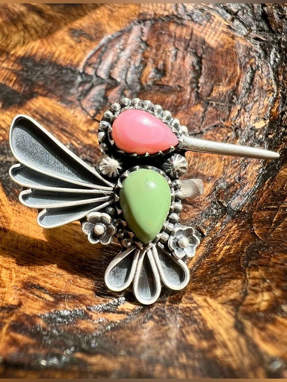 Sterling Silver Green Turquoise Queen Conch Hummingbird Ring Adjustable 8